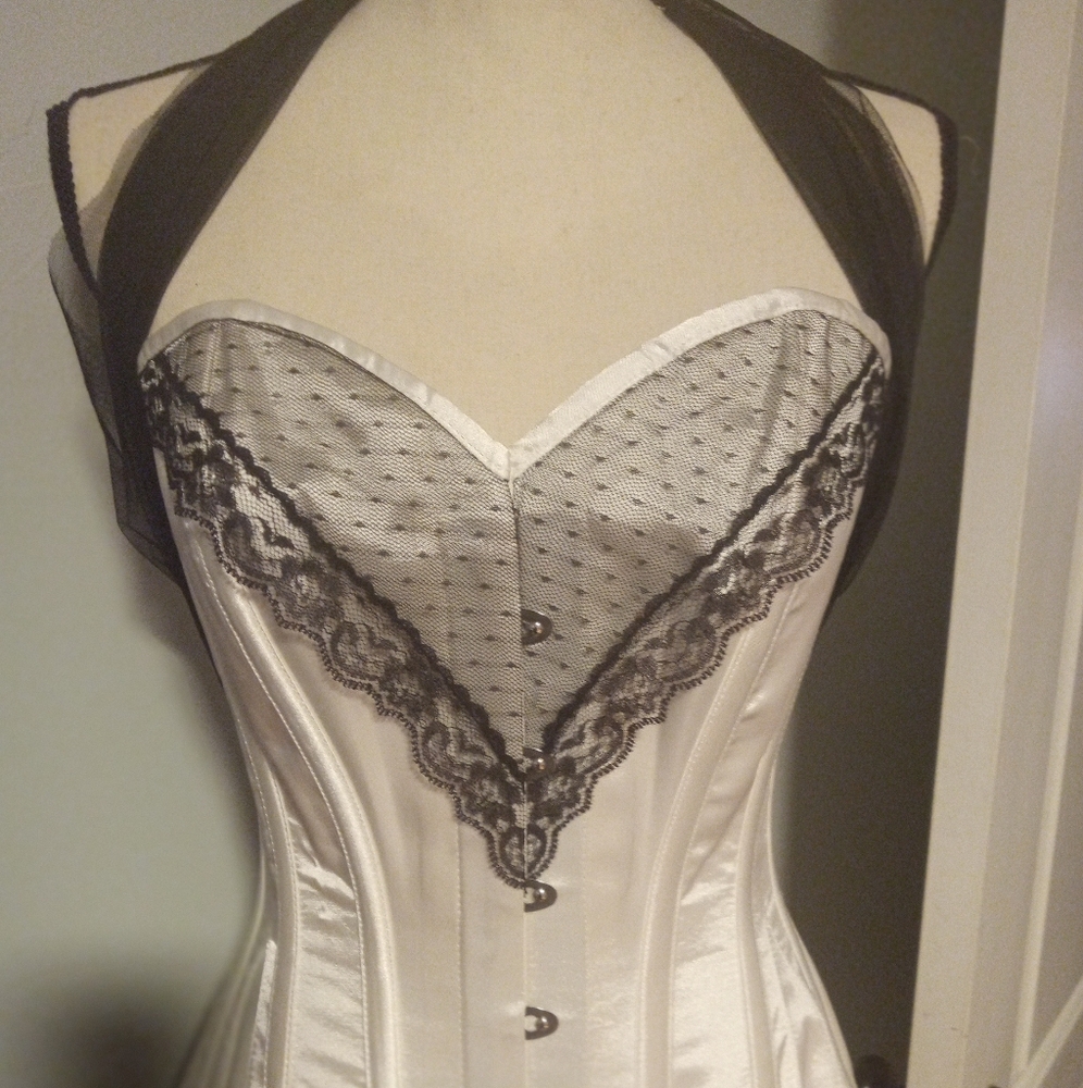 Corset Story White Halter Top Style Corset with Black Lace Accents